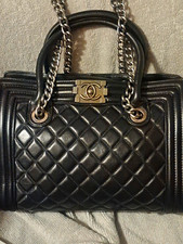 CHANEL Boy Black Quilted Tote Turn Lock Silver Chain Double Handles Lined picture