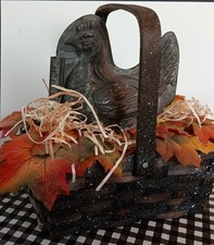 Vintage French Hen Chocolate Mold, Circa 1913, In Vintage Fall Decorated Basket picture