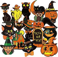 48 Pcs Vintage Halloween Cutouts Retro Pumpkin Witch Cat Cut-Outs Black Orange.. picture