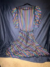 Vintage 70s 80s You Babes II Rainbow Stripe Midi Dress Womens 13 Puff Sleeve Bel picture