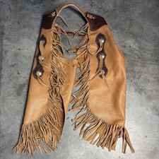 Vintage 90's B Bar B Leather Western Chinks Chaps Brown Fringe Work Riding TR 25 picture