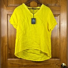 NWT Made in Italy Yellow 100% Linen Ruffle Neck High-Low Blouse Sz M Lagenlook picture