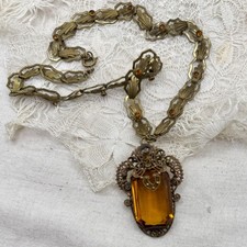 Antique Czech Art Deco Amber Glass Filigree Necklace | Emerald Cut Pendant 1920s picture
