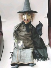 Vintage Style Folk Art Handmade  Halloween  Cat Eyed Ugly Witch Fabric Doll 34