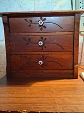 Antique Handmade Mini Chest 3-Drawer Brown Wood Floral Carved Knob Handles picture