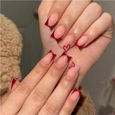 24 PCS Valentine's Day Press On Nails, French Tip Medium Square Wine Red Heart picture