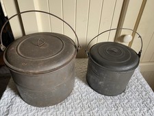 2 Antique VTG Metal Berry Bucket Lunch Pail Biscuit Tins Primitive Farmhouse picture
