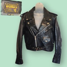 Vintage 80s 90s BONUS Genuine Leather Biker Jacket Medium Black Motorcycle Moto picture