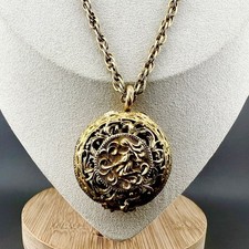 Vintage Locket Necklace Openwork Filigree Pendant Zodiac Aquarius Gold Tone 24” picture