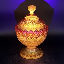 Vintage Fenton Glowing Amberina Glass Footed Candy Dish With Lid 8.5