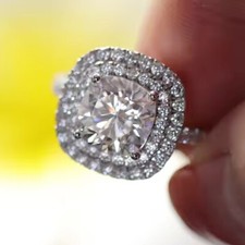2.34Ctw Cushion Cut Moissanite Double Halo Engagement Ring 14K White Gold Plated picture