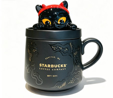 Starbucks 13 OZ Black Ceramic Coffee Mug W/ Black Cat Lid—Happy Halloween Gift picture