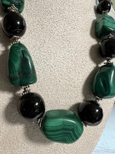Vintage Italian 925 Silver Malachite Black Onyx Statement Necklace SEOD 87g picture