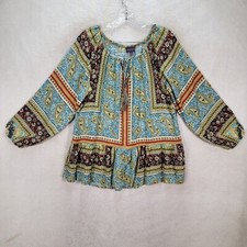 Artesia Womens Top Green Paisley Keyhole Neck Boho Flowy Tunic Blouse Size M picture