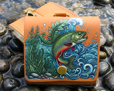 Leather Fly Wallet – Brook Trout Illustration – Wool Interior – Brass Hardware picture
