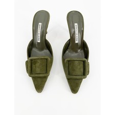Manolo Blahnik Maysale Dark Green Suede Buckle Pointed Mules Kitten Heel 36 EU picture