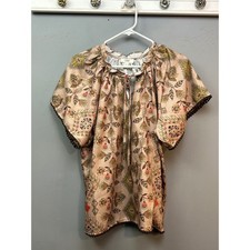 Oddi Blouse Women Medium Champagne Floral Boho Pom Pom Trim Flutter Sleeve NEW picture
