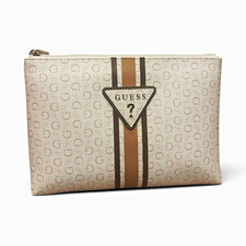 GUESS Beige/Brown Logo Zipper Makeup Bag Zip Pouch with Stripe Detail picture
