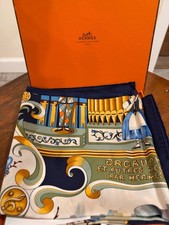 New Authentic HERMES Carre 90 Orgauphone Music Jacquard Silk Scarf Navy Faconnet picture