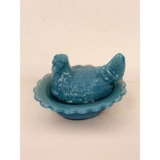 Mosser Glass Georgia Blue Hen on Nest Salt Cellar Mini Bird Covered Dish M Mark picture