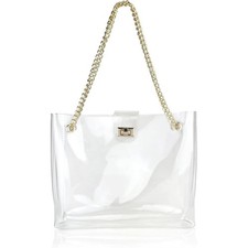 Hoxis Clear PVC Tote Bag Gold Convertible Chain Strap Turn Lock Stadium Purse picture