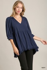 Umgee Navy Linen Blend Collared Top, Empire Waist & Short Puff Sleeves Blouse picture