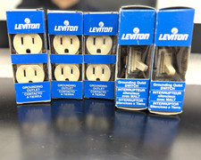 Leviton Ivory Grounding Outlet 5320-ISP + Quiet Single Pole Switch 1451-2IS picture