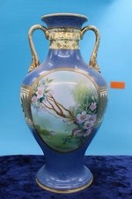 Antique Noritake Hand Painted Scenic 2 Handle Vase Blue Gold 11.5” Made Japan picture