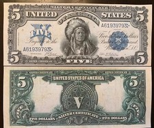 Reproduction 1899 USA $5 Bill Silver Certificate Indian Chief Copy Read Below picture