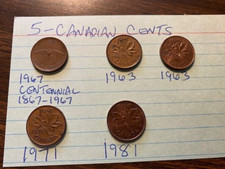 5 Canadian Cents- 2-1963, 1967,1971, 1981, Canada stopped making cents in 2012. picture