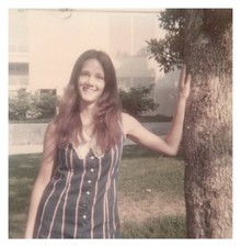 1970s Young Woman Striped Top Leaning on Tree Outdoors Vintage photo picture