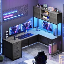 L Shaped Computer Desk with Led Lights, Hutch and Power Outlet, Home Office Desk picture