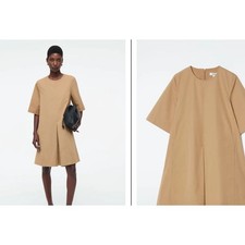 COS Pleated Cotton Mini Dress Women Size 6 Camel Tan NWT Minimalist Trapeze picture