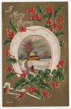 Antique 1909 Merry Christmas Postcard Embossed Gold Horseshoe Holly Clover Snow picture