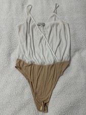 WAYF Women’s L Bodysuit Cream Tan Pleated Surplice Wrap Adjustable Straps picture