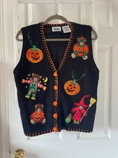 VTG Basic Editions Halloween Sweater Vest Medium Black Teddy Bears Pumpkins picture