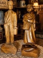 Vintage C Caron Quebec Folk Art Elderly Couple Wood Carvings Signed C Caron 10” picture