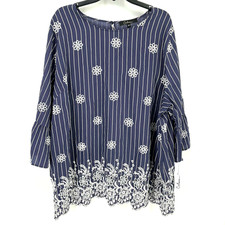 New Calessa Blue Stripe Embroidered Floral Tunic Top Shirt Womens Size Large picture