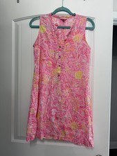 Lilly Pulitzer Pink Linen Sleeveless Shift Dress Size S Button Front Floral picture