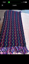 Vintage Handmade Crochet Chevron Afghan Blanket Zig Zag Throw Fringe Pink Blue picture