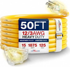 50Ft Outdoor/Indoor Extension Cord 3-Outlet 12/3 Gauge Extra Heavy Duty 3 Prong picture