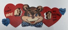 Vintage Mechanical Valentine Card Bear Red Hearts Peek-A-Boo Mid Century USA picture