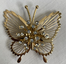 Vintage Signed Monet Gold Tone Butterfly Brooch Pin Rhinestones picture