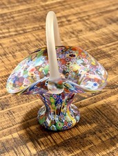 Vintage Murano Millefiori Art Glass Basket Satin Handle Multicolor Italian picture