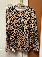 Women’s Beige Black Leopard Animal Print Knit Crew Neck Long Sleeve Top Size L picture