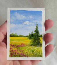 ACEO 2.5 x 3.5 in ORIGINAL OIL PAINTING Landscape Meadow Wildflowers Card ART picture