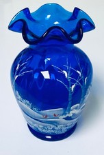 Rare FENTON 100th Cobalt Blue Art Glass Vase w/ Ruffled Rim Hand Painted Winter picture