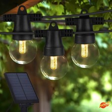 12-Bulb LED Solar String Lights 27ft 2700K G40 Outdoor Clear Bulbs Black Wire picture