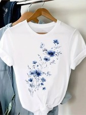 Women Floral Graphic T-Shirt Cute Flower Casual Crew Neck Short Sleeve Tee Top picture