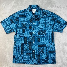 Vintage Howie Hawaiian Shirt Mens M Blue Aloha Tribal Tapa Print Made Hawaii picture